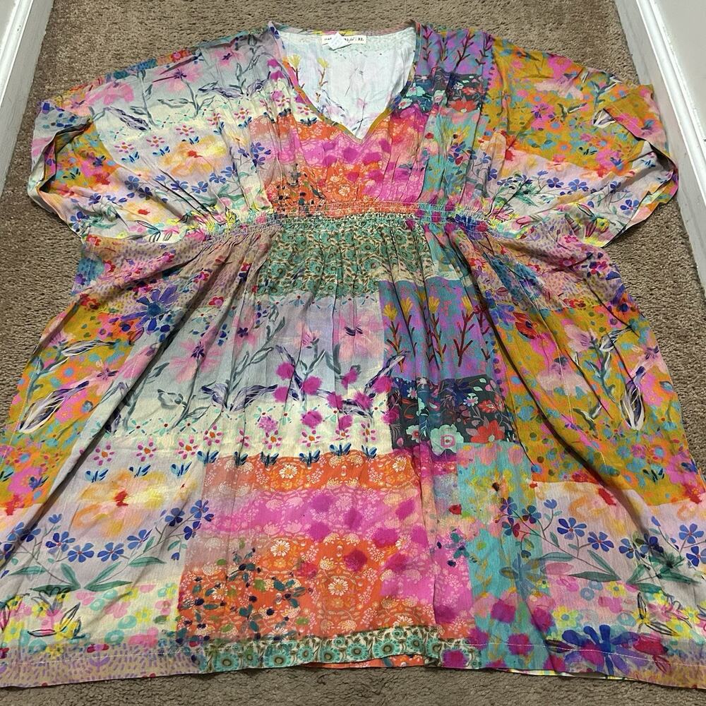 Natural Life Sanibel Kaftan Mini Dress - Pink Watercolor Patchwork Size XL
